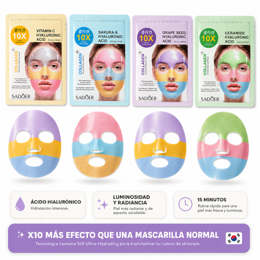 Pack Mascarillas Coreanas 10X Ácido Hialurónico + Colágeno