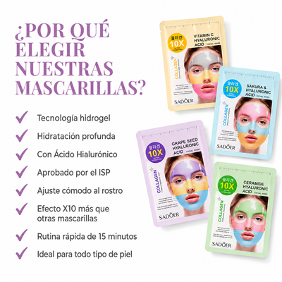Pack Mascarillas Coreanas 10X Ácido Hialurónico + Colágeno