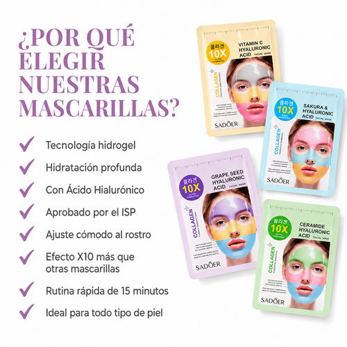 Pack Mascarillas Coreanas 10X Ácido Hialurónico + Colágeno