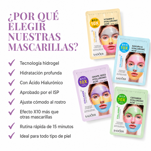 Pack Mascarillas Coreanas 10X Ácido Hialurónico + Colágeno